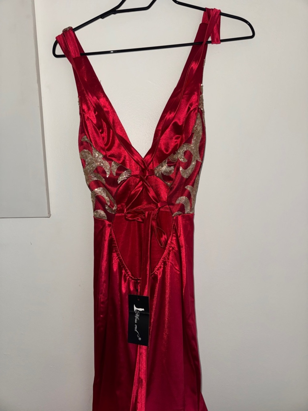 Satin Red Backless Evening Dress with Gold Embellishment